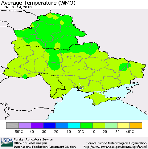 Ukraine, Moldova and Belarus Average Temperature (WMO) Thematic Map For 10/8/2018 - 10/14/2018
