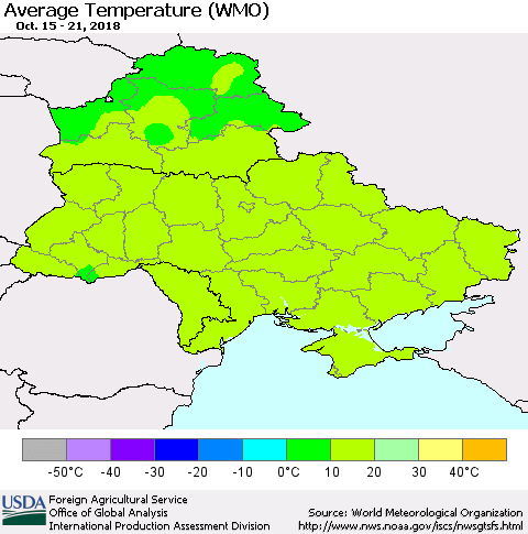 Ukraine, Moldova and Belarus Average Temperature (WMO) Thematic Map For 10/15/2018 - 10/21/2018