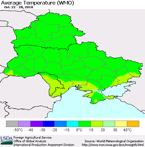 Ukraine, Moldova and Belarus Average Temperature (WMO) Thematic Map For 10/22/2018 - 10/28/2018