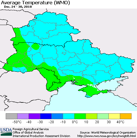 Ukraine, Moldova and Belarus Average Temperature (WMO) Thematic Map For 12/24/2018 - 12/30/2018