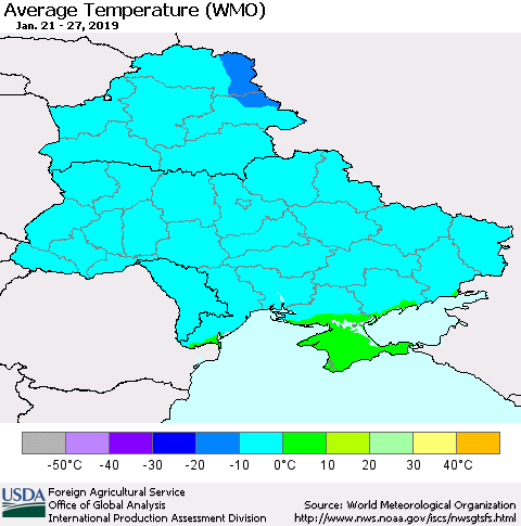 Ukraine, Moldova and Belarus Average Temperature (WMO) Thematic Map For 1/21/2019 - 1/27/2019