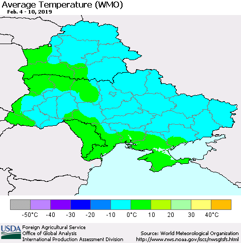 Ukraine, Moldova and Belarus Average Temperature (WMO) Thematic Map For 2/4/2019 - 2/10/2019