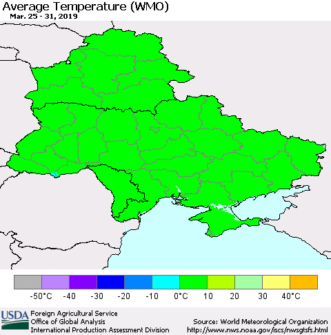 Ukraine, Moldova and Belarus Average Temperature (WMO) Thematic Map For 3/25/2019 - 3/31/2019