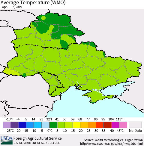 Ukraine, Moldova and Belarus Average Temperature (WMO) Thematic Map For 4/1/2019 - 4/7/2019
