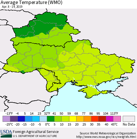 Ukraine, Moldova and Belarus Average Temperature (WMO) Thematic Map For 4/8/2019 - 4/14/2019