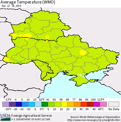 Ukraine, Moldova and Belarus Average Temperature (WMO) Thematic Map For 4/22/2019 - 4/28/2019