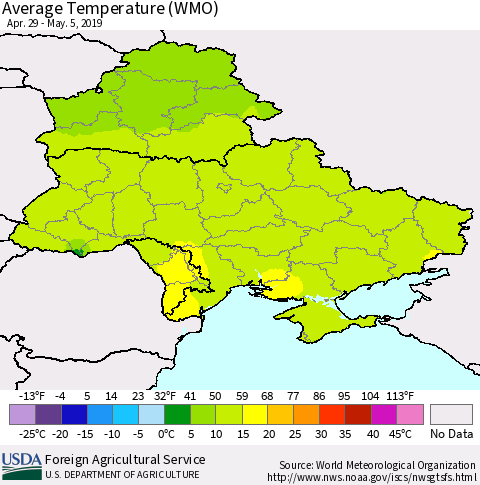 Ukraine, Moldova and Belarus Average Temperature (WMO) Thematic Map For 4/29/2019 - 5/5/2019