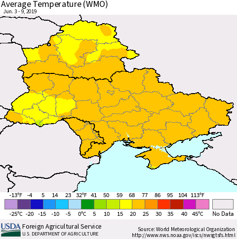 Ukraine, Moldova and Belarus Average Temperature (WMO) Thematic Map For 6/3/2019 - 6/9/2019