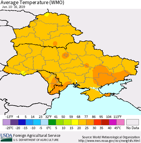Ukraine, Moldova and Belarus Average Temperature (WMO) Thematic Map For 6/10/2019 - 6/16/2019