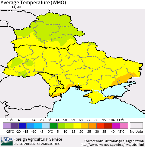 Ukraine, Moldova and Belarus Average Temperature (WMO) Thematic Map For 7/8/2019 - 7/14/2019