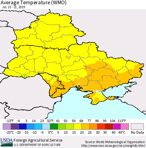 Ukraine, Moldova and Belarus Average Temperature (WMO) Thematic Map For 7/15/2019 - 7/21/2019