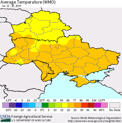 Ukraine, Moldova and Belarus Average Temperature (WMO) Thematic Map For 7/22/2019 - 7/28/2019