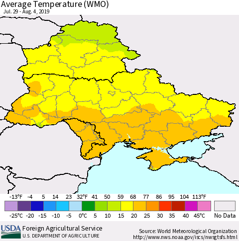 Ukraine, Moldova and Belarus Average Temperature (WMO) Thematic Map For 7/29/2019 - 8/4/2019