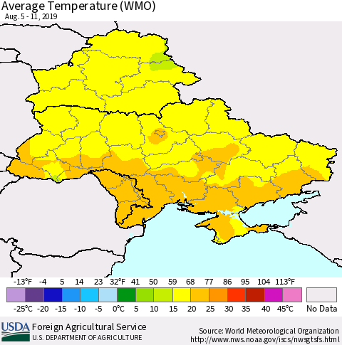 Ukraine, Moldova and Belarus Average Temperature (WMO) Thematic Map For 8/5/2019 - 8/11/2019
