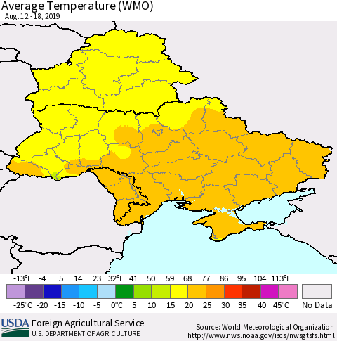Ukraine, Moldova and Belarus Average Temperature (WMO) Thematic Map For 8/12/2019 - 8/18/2019