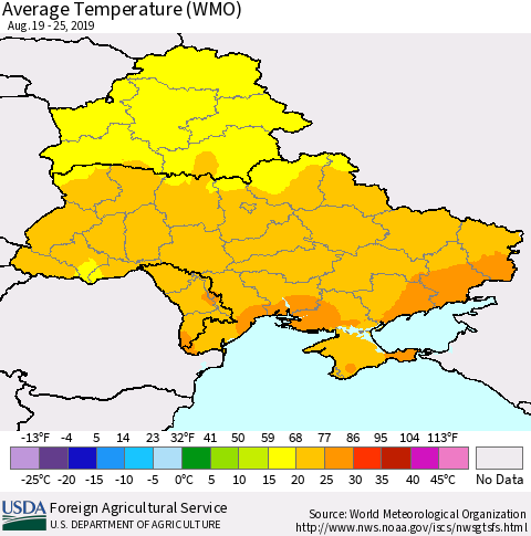 Ukraine, Moldova and Belarus Average Temperature (WMO) Thematic Map For 8/19/2019 - 8/25/2019