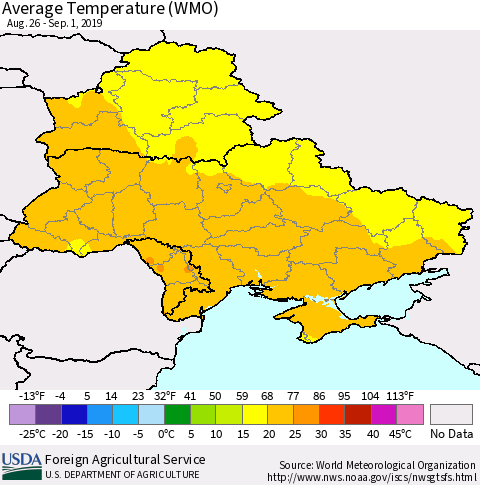 Ukraine, Moldova and Belarus Average Temperature (WMO) Thematic Map For 8/26/2019 - 9/1/2019