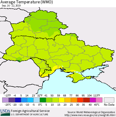 Ukraine, Moldova and Belarus Average Temperature (WMO) Thematic Map For 9/16/2019 - 9/22/2019