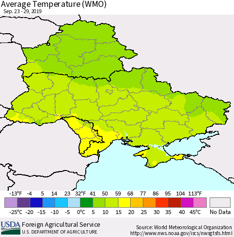 Ukraine, Moldova and Belarus Average Temperature (WMO) Thematic Map For 9/23/2019 - 9/29/2019