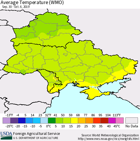Ukraine, Moldova and Belarus Average Temperature (WMO) Thematic Map For 9/30/2019 - 10/6/2019