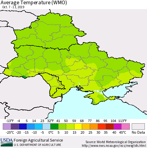 Ukraine, Moldova and Belarus Average Temperature (WMO) Thematic Map For 10/7/2019 - 10/13/2019