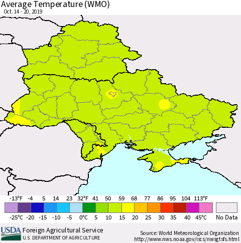 Ukraine, Moldova and Belarus Average Temperature (WMO) Thematic Map For 10/14/2019 - 10/20/2019