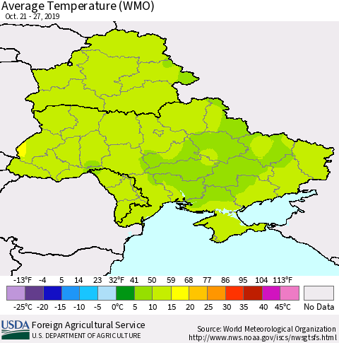 Ukraine, Moldova and Belarus Average Temperature (WMO) Thematic Map For 10/21/2019 - 10/27/2019