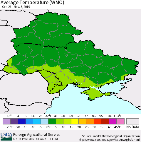 Ukraine, Moldova and Belarus Average Temperature (WMO) Thematic Map For 10/28/2019 - 11/3/2019