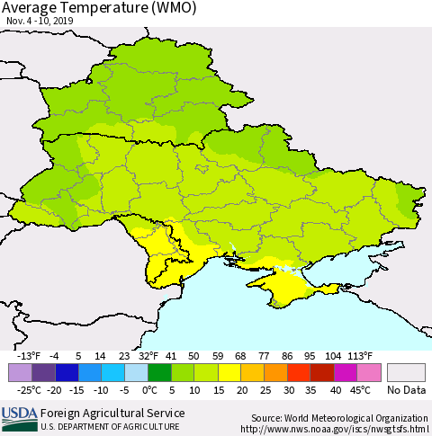Ukraine, Moldova and Belarus Average Temperature (WMO) Thematic Map For 11/4/2019 - 11/10/2019
