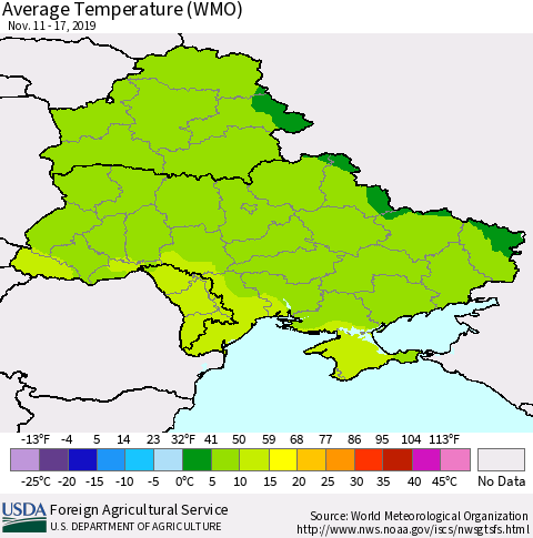 Ukraine, Moldova and Belarus Average Temperature (WMO) Thematic Map For 11/11/2019 - 11/17/2019