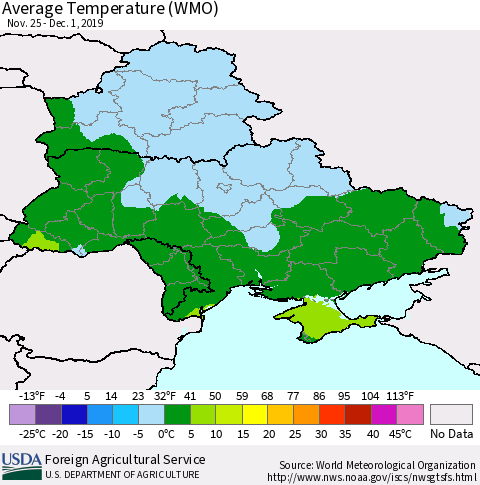Ukraine, Moldova and Belarus Average Temperature (WMO) Thematic Map For 11/25/2019 - 12/1/2019