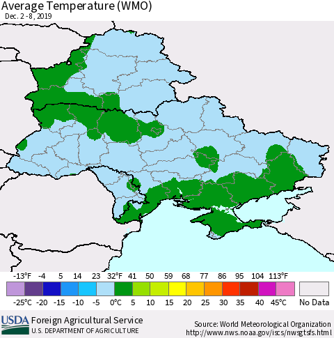Ukraine, Moldova and Belarus Average Temperature (WMO) Thematic Map For 12/2/2019 - 12/8/2019