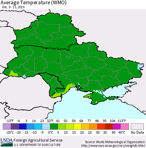 Ukraine, Moldova and Belarus Average Temperature (WMO) Thematic Map For 12/9/2019 - 12/15/2019