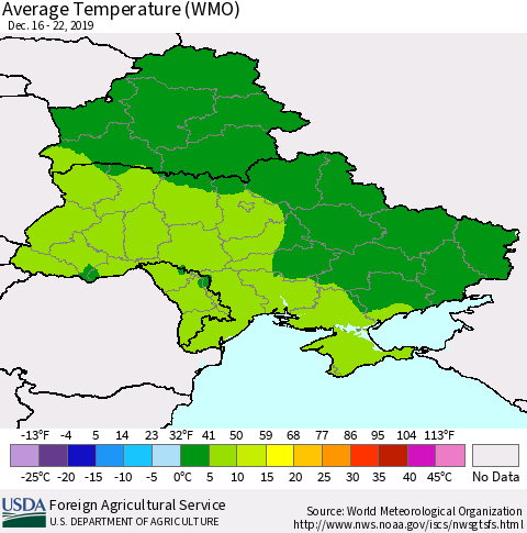 Ukraine, Moldova and Belarus Average Temperature (WMO) Thematic Map For 12/16/2019 - 12/22/2019