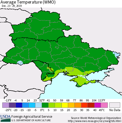 Ukraine, Moldova and Belarus Average Temperature (WMO) Thematic Map For 12/23/2019 - 12/29/2019