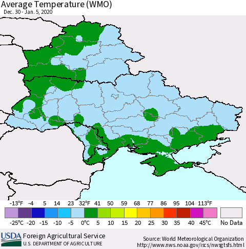 Ukraine, Moldova and Belarus Average Temperature (WMO) Thematic Map For 12/30/2019 - 1/5/2020
