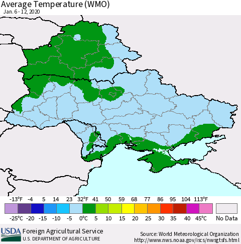 Ukraine, Moldova and Belarus Average Temperature (WMO) Thematic Map For 1/6/2020 - 1/12/2020