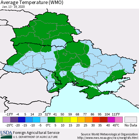 Ukraine, Moldova and Belarus Average Temperature (WMO) Thematic Map For 1/13/2020 - 1/19/2020