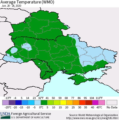 Ukraine, Moldova and Belarus Average Temperature (WMO) Thematic Map For 1/20/2020 - 1/26/2020