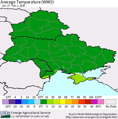 Ukraine, Moldova and Belarus Average Temperature (WMO) Thematic Map For 1/27/2020 - 2/2/2020