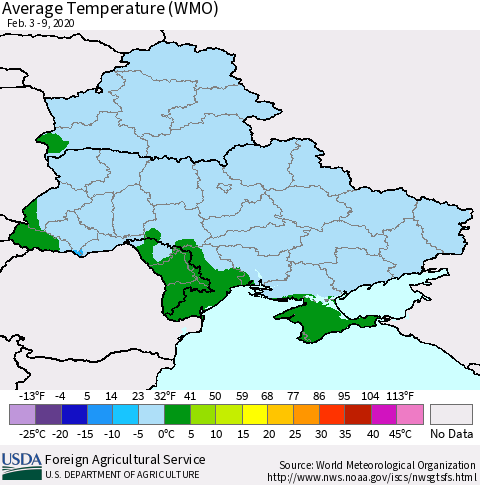 Ukraine, Moldova and Belarus Average Temperature (WMO) Thematic Map For 2/3/2020 - 2/9/2020
