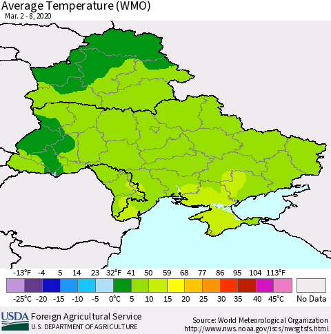 Ukraine, Moldova and Belarus Average Temperature (WMO) Thematic Map For 3/2/2020 - 3/8/2020