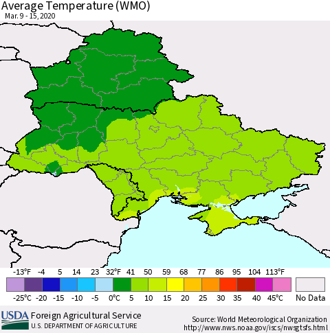 Ukraine, Moldova and Belarus Average Temperature (WMO) Thematic Map For 3/9/2020 - 3/15/2020