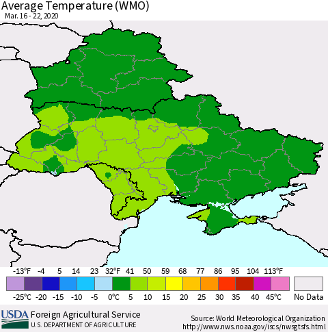 Ukraine, Moldova and Belarus Average Temperature (WMO) Thematic Map For 3/16/2020 - 3/22/2020