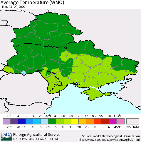 Ukraine, Moldova and Belarus Average Temperature (WMO) Thematic Map For 3/23/2020 - 3/29/2020