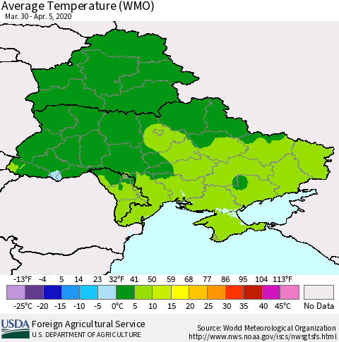 Ukraine, Moldova and Belarus Average Temperature (WMO) Thematic Map For 3/30/2020 - 4/5/2020