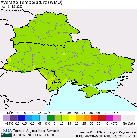 Ukraine, Moldova and Belarus Average Temperature (WMO) Thematic Map For 4/6/2020 - 4/12/2020