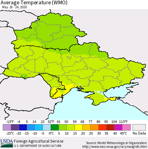 Ukraine, Moldova and Belarus Average Temperature (WMO) Thematic Map For 5/18/2020 - 5/24/2020