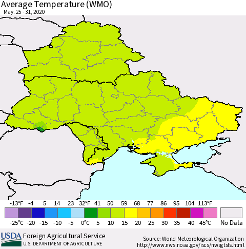 Ukraine, Moldova and Belarus Average Temperature (WMO) Thematic Map For 5/25/2020 - 5/31/2020