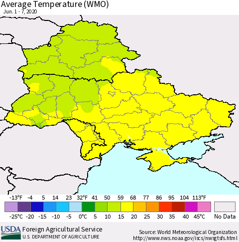 Ukraine, Moldova and Belarus Average Temperature (WMO) Thematic Map For 6/1/2020 - 6/7/2020